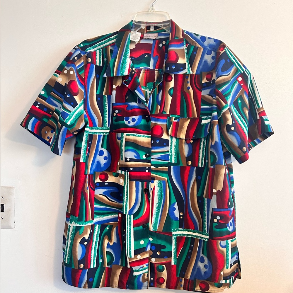 Bora Bora 1980s Vintage Rainbow Geometric Multicolor Button Up Shirt Size Large